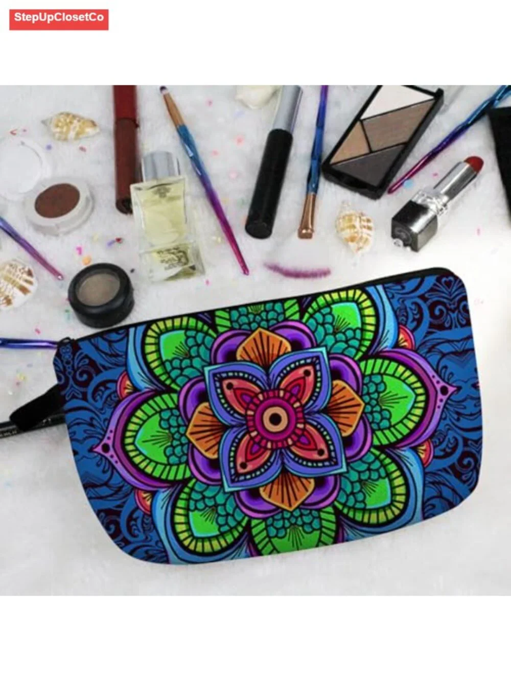 Mandala Flowers Padded Cosmetic Bag Zipper Pouch Travel Makeup Organizer